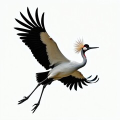 Fototapeta premium Grey crowned crane flies with wide open wings. Bird has distinctive golden crest and red neck marking. Avian creature in motion during flight.
