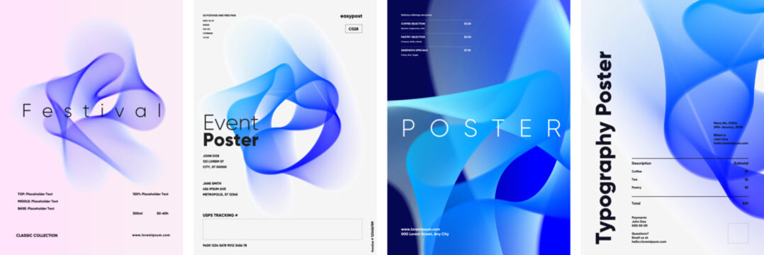 Abstract poster designs featuring fluid, colorful shapes and modern typography. Ideal for events, festivals, and creative projects. Each poster showcases a unique blend of colors and text.