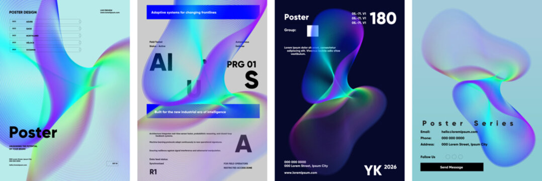 Abstract poster designs featuring fluid, colorful gradients and modern typography. These illustrations are ideal for creative projects, showcasing dynamic and futuristic aesthetics.