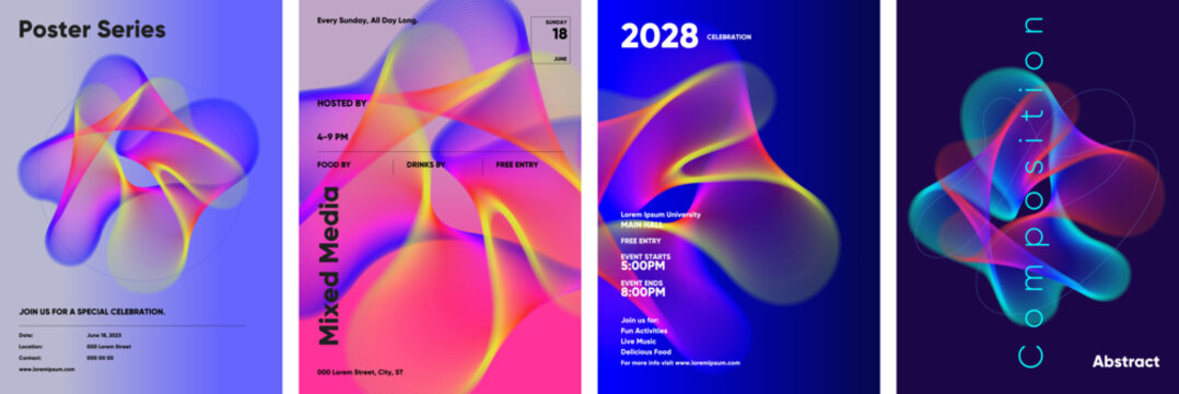 Colorful abstract poster series featuring fluid shapes and vibrant gradients. Ideal for event promotions, modern art displays, and creative design projects. Each poster showcases unique compositions.