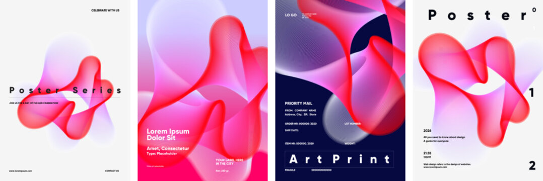 Abstract poster series featuring fluid, colorful shapes with a modern design aesthetic. Perfect for creative projects, branding, or event promotions.