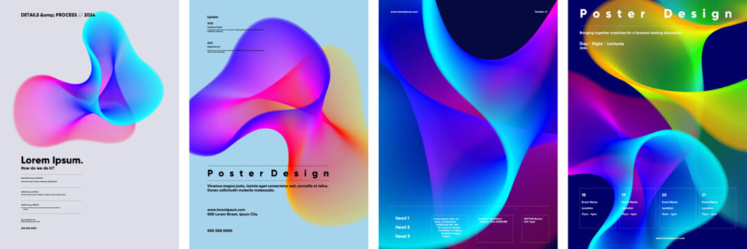 Colorful abstract poster designs featuring fluid shapes and gradients. These illustrations are ideal for creative projects, marketing materials, and modern presentations.