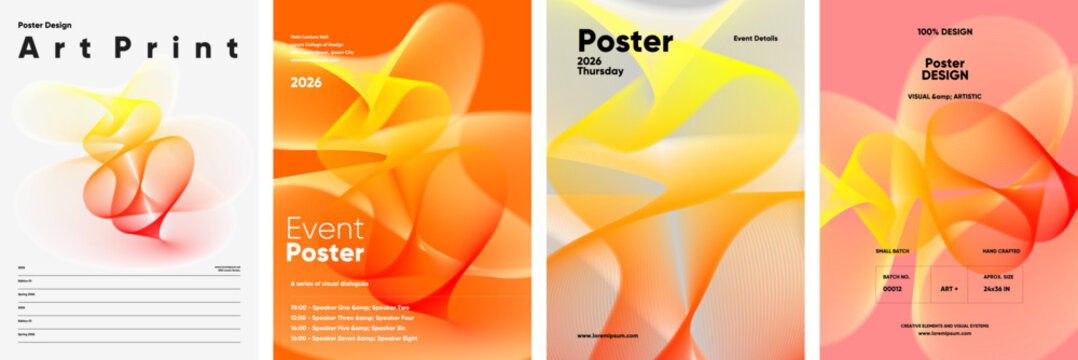 Colorful abstract poster designs featuring flowing, translucent shapes in yellow, orange, and red hues. Ideal for event promotions, art prints, and creative displays.