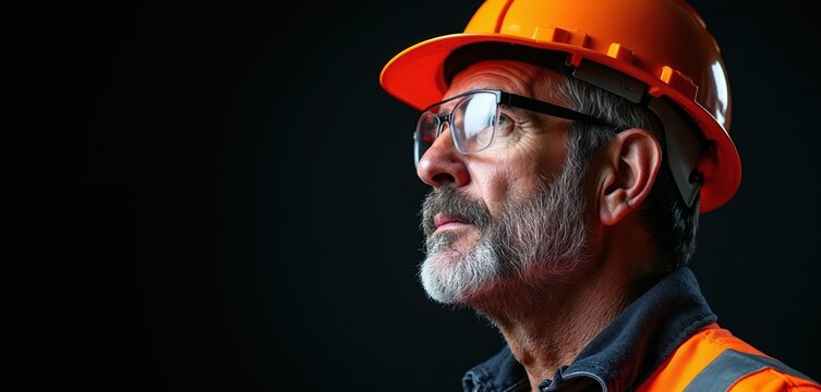 Mature male construction worker in orange helmet and glasses looks ahead with serious expression. He wears hi-vis jacket, suggesting focus on safety and job.