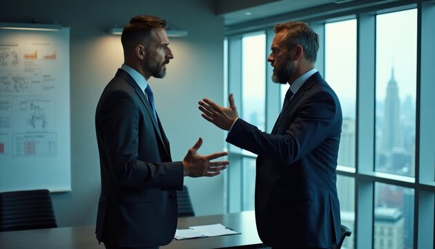 Two businessmen in suits gesture and talk intensely in a modern office with city views. They appear to be debating or negotiating a deal. One man looks focused on the other.