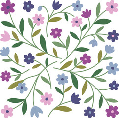 Obraz premium Colorful floral pattern with pink purple and blue flowers on white background