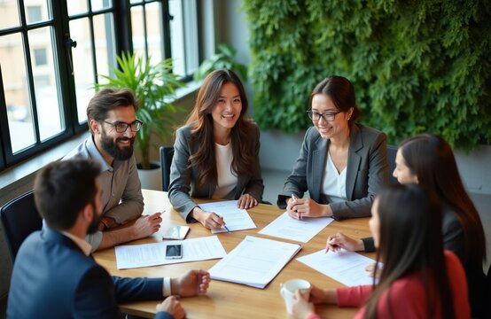 Diverse group of professionals in modern office discusses project at table. Team members collaborate, share ideas, review documents. Business people work together in bright collaborative space with