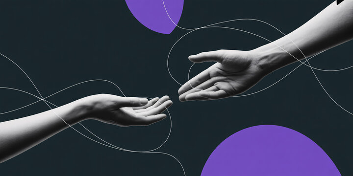 A grayscale image of two hands reaching out to each other with purple shapes and white lines in the background