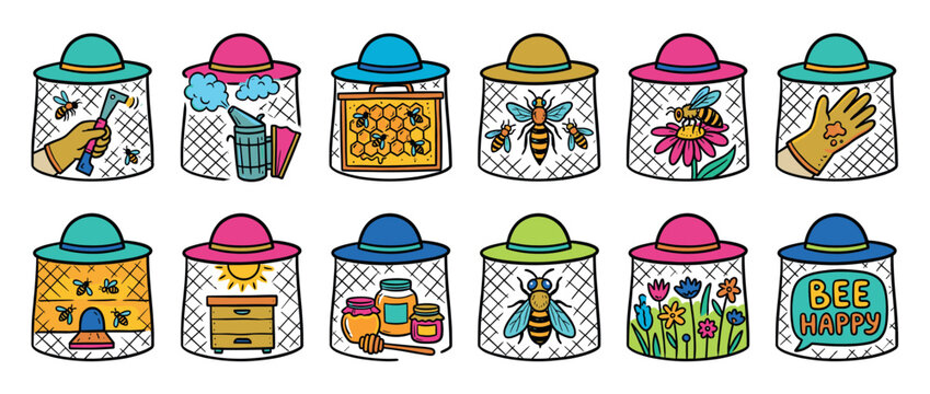 Colorful set of beekeeping doodle icons featuring cute hand-drawn illustrations of bees, honey, beehives, flowers, and apiculture equipment in a whimsical cartoon style