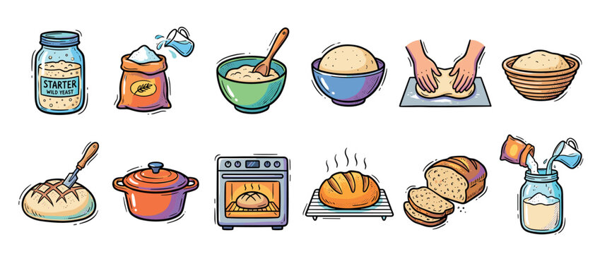 Set of colorful hand-drawn illustrations showing the step-by-step process of making sourdough bread, from feeding the starter to kneading dough and baking a fresh loaf