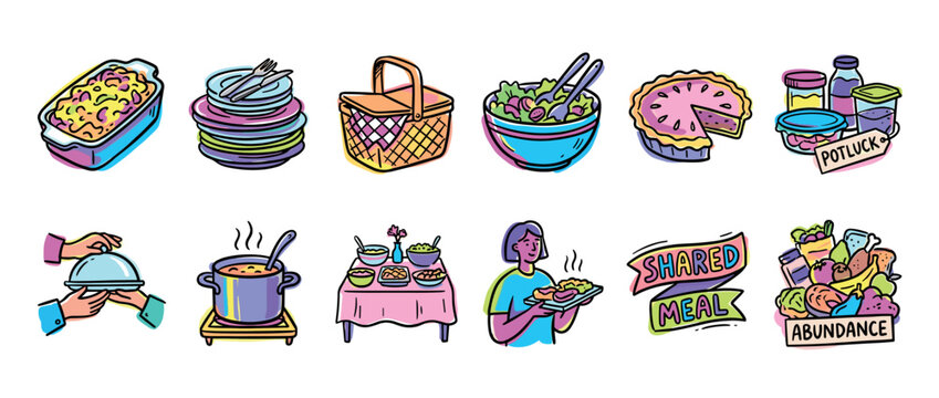Collection of colorful potluck illustrations showing shared meals, community gatherings, and various food dishes like casserole, pie, and salad in a cute hand-drawn doodle style
