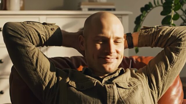 Bald man relaxing in a leather chair with hands behind his head