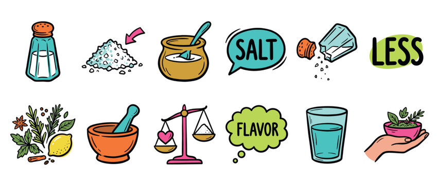 Set of colorful doodle style illustrations showing a low sodium diet concept with less salt and more natural herbs and spices for flavor and healthy eating habits
