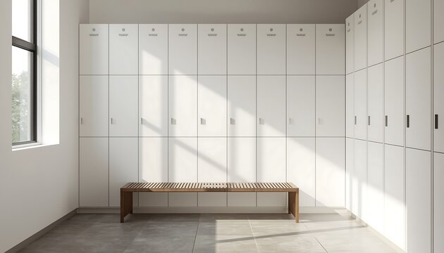 A pristine and spacious locker room featuring rows of clean white lockers and a long wooden slatted bench under natural window light.