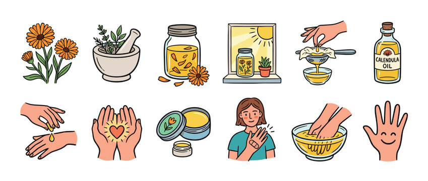 Set of hand-drawn calendula illustrations showing the process of making homemade herbal oil and healing salve for natural skincare and first aid in a colorful doodle style