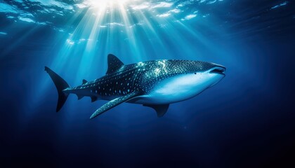 Obraz premium Majestic whale shark gliding through azure waters with sunbeams, marine life wonder