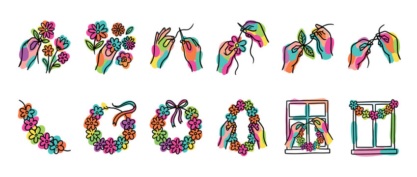 Set of colorful hand-drawn icons showing the step-by-step process of making a flower wreath and garland for decoration in a vibrant doodle and line art illustration style