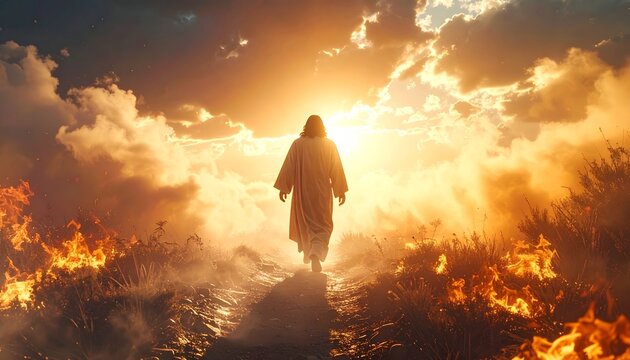 Person in a Robe Walking Away into a Dramatic, Fiery Sunset Scenario