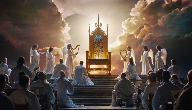 Divine Gathering: Angels, Celestial Throne, and Worshippers Amidst Glowing Clouds