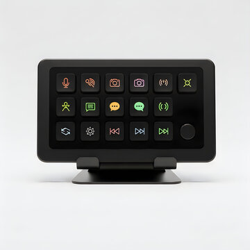 modern black touchscreen gaming controller with neon icons isolated on white