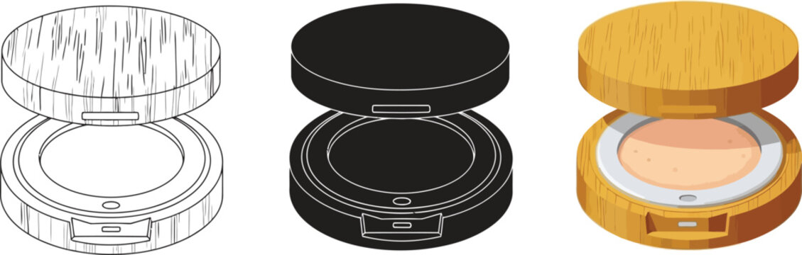 Collection of compact powder makeup containers including line art black silhouette and realistic wood grain design isolated on white
