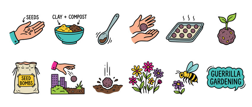Colorful hand-drawn infographic icon set illustrating the step-by-step process of making seed bombs for guerrilla gardening, from mixing ingredients to growing flowers for pollinators