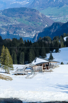 Pasiega cabin in winter landscape of the Miera valley within the Pasiegos valleys 