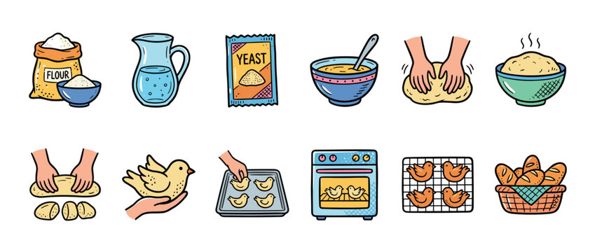 Set of colorful doodle illustrations showing the step-by-step process of baking homemade bird-shaped bread buns from scratch, from ingredients to the final baked goods