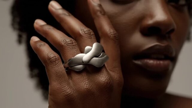 Fashionable model wearing a beautiful and unique silver statement ring that has a modern artistic and fluid metallic organic shape