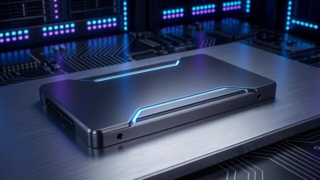 Mobilefriendly SSD with shimmering aluminum finish and vibrant purple lights