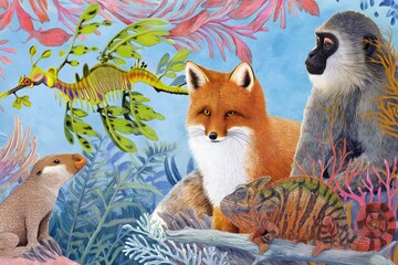 Fototapeta premium Animals in a Colorful Underwater Scene With Plants and Coral