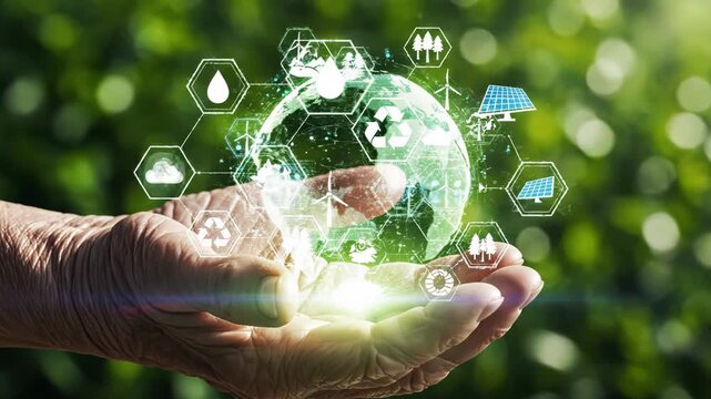 Elderly person holding a glowing digital globe with environmental and sustainable energy icons representing a green future and climate change awareness