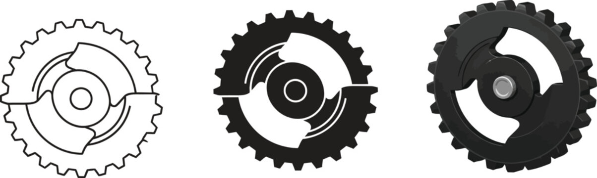 Set of three bicycle derailleur pulleys line art and solid icons for cycling components isolated on white