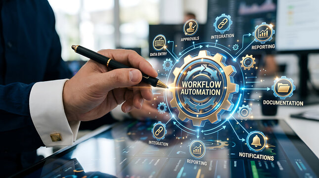 Businessman interacting with workflow automation interface on a digital screen in office