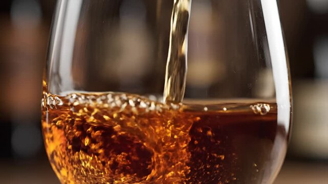 Amber liquid is poured into a glass of whiskey.