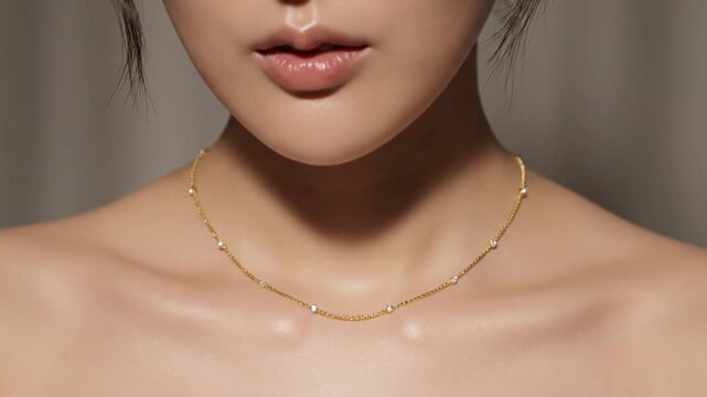 Delicate gold chain necklace with small diamonds adorning a woman's neck
