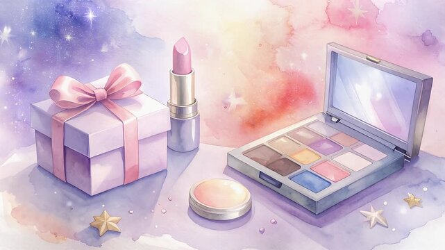 Decorative makeup gift set with lipstick compact powder and cosmetic palette on pastel background watercolor painting illustration
