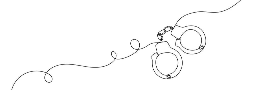 Continuous one line handcuff handcuffs crime criminal drawing police single. Handcuff one line art justice hand jail handcuffed arrest stroke prisoner law lawyer prison person vector illustration.