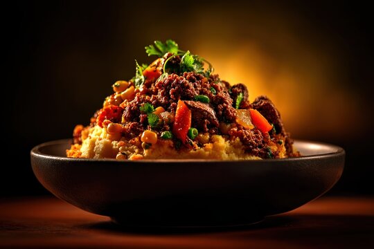Chilean pastel de choclo casserole served in dark clay bowl