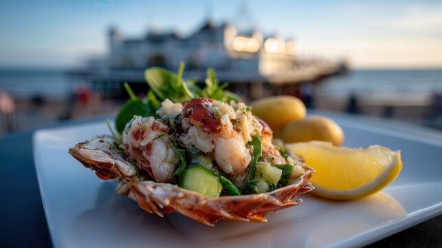 Enjoying crab salad by Cromer Pier at golden hour