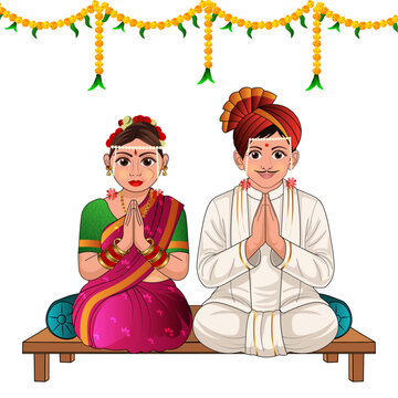 Marathi Wedding Couple Namaste Pose Traditional Maharashtrian Bride Groom Vector