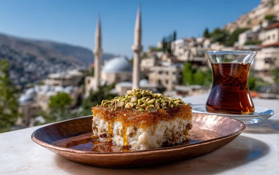 Nabulsi knafeh served on a copper tray in Nablus