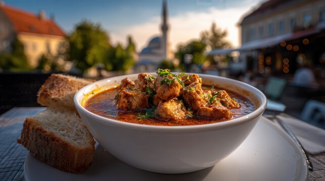 Spicy hot river fish soup at Pasha Qasim Mosque in Pecs