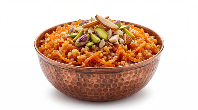Delicious gajar ka halwa in a copper bowl topped with nuts and dried fruits isolated on white background