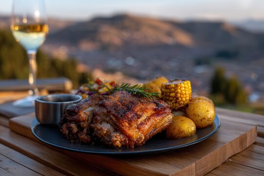 Enjoying cuy chactado with Sacsayhuaman in the background