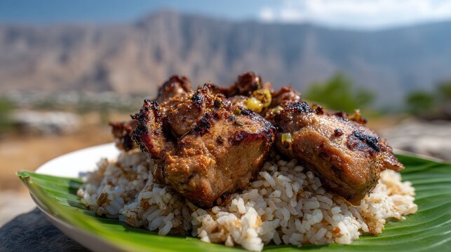 Roasted camel meat with rice on banana leaf