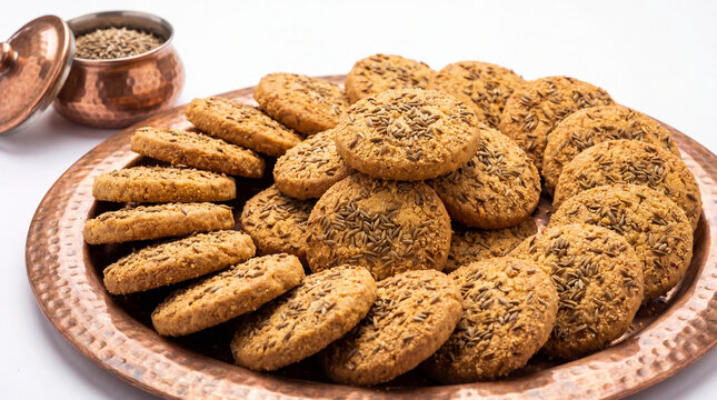 A copper plate filled with a stack of homemade cookies topped with seeds next to a small copper bowl on white background