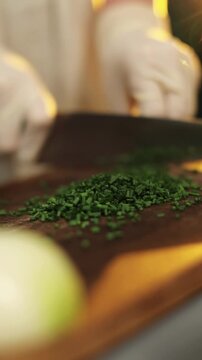 Fresh green onion chopping in modern kitchen