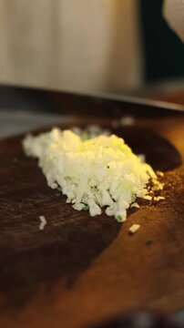 Woman chopping onion in modern kitchen