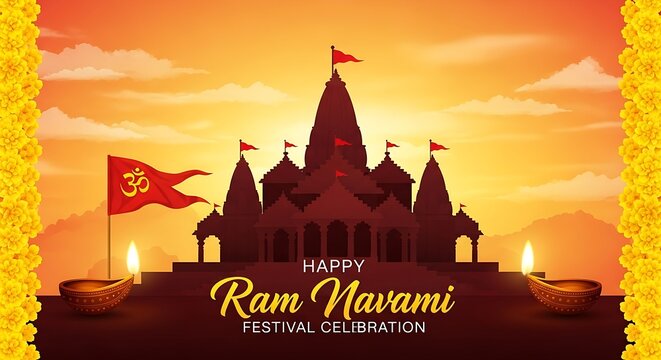 A vibrant temple scene during Ram Navami festival